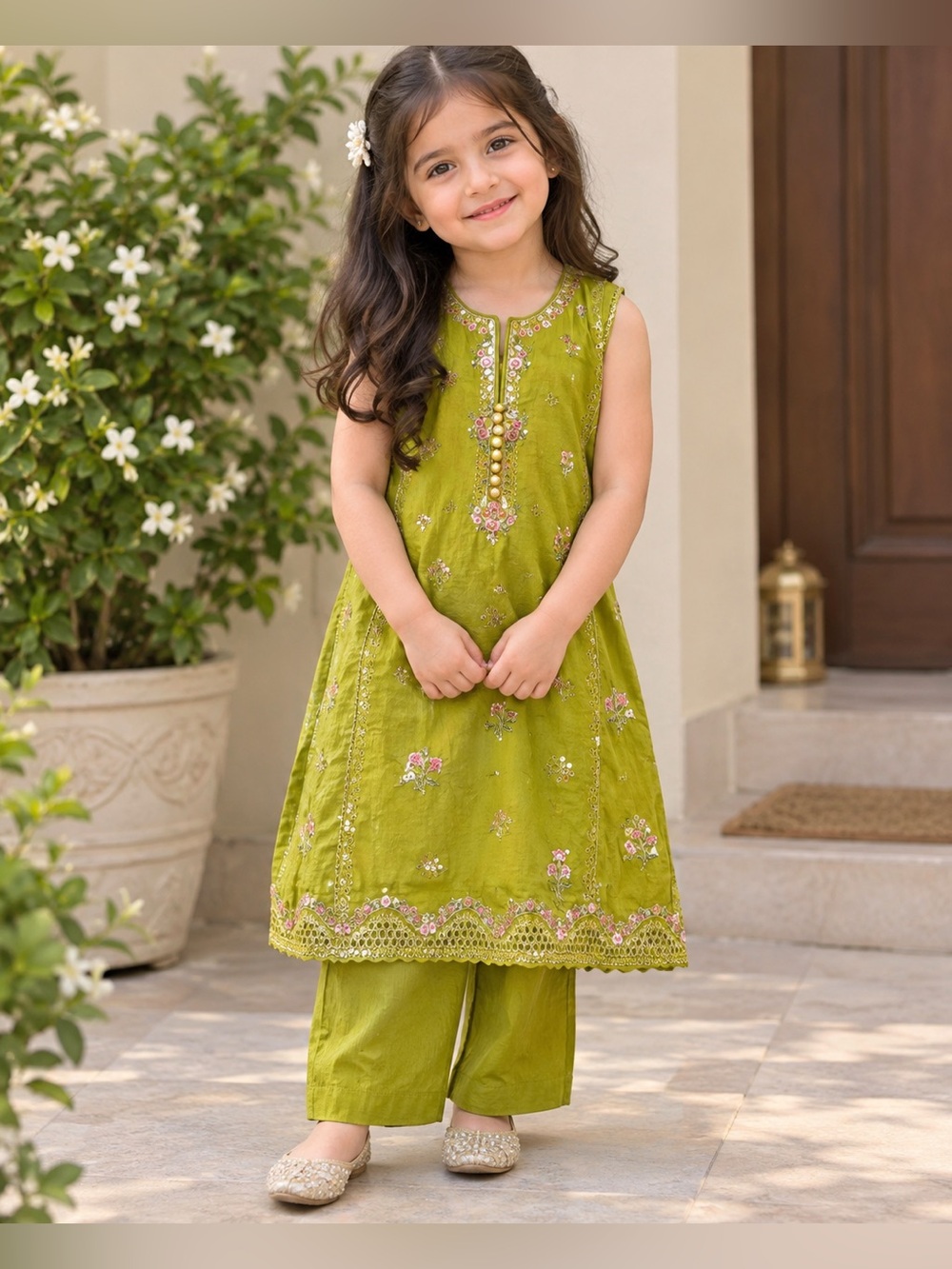 Ethnic Indian Wear Olive Green Embroidered Girls Kurta Set